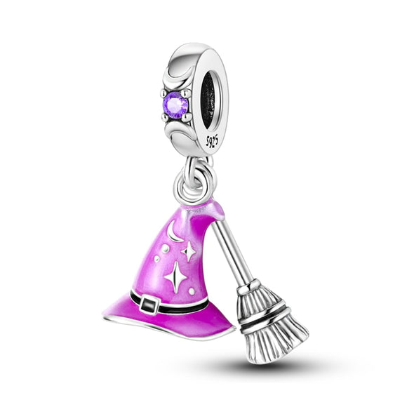 925 Sterling Silver Witch Hat and Broom Charm for Bracelets Jewelry Women Pendant