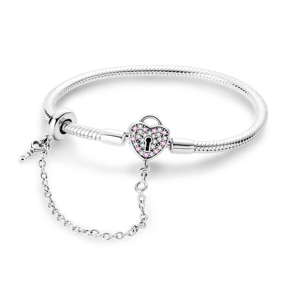 925 Sterling Silver Lock and Key Heart-Clasp Bracelet with Safetychain Charms Jewelry Women