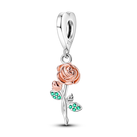 925 Sterling Silver Rose Charm for Bracelets Fine Jewelry Women Pendant