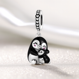 925 Sterling Silver Mother and Baby Penguin Charm for Bracelets Fine Jewelry Women