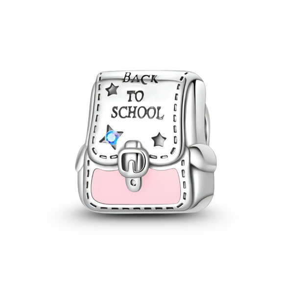 925 Sterling Silver Pink School Backpack Charm for Bracelets Fine Jewelry Women