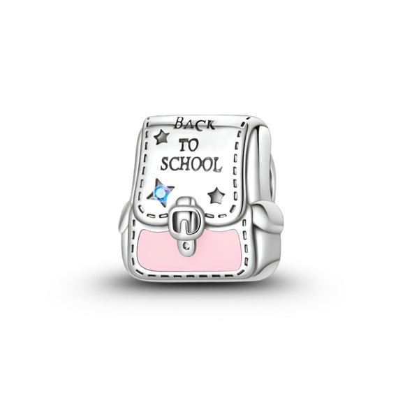 925 Sterling Silver Pink School Backpack Charm for Bracelets Fine Jewelry Women