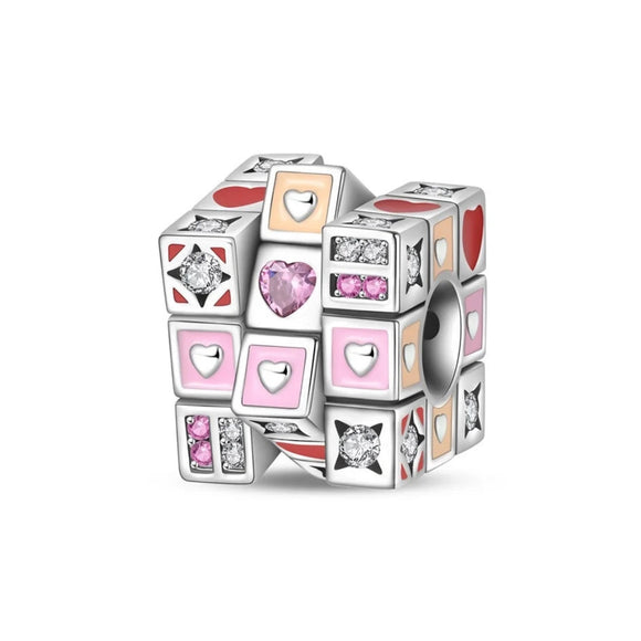 925 Sterling Silver Hearts Rubiks Cube Charm for Bracelets Fine Jewelry Women