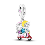 925 Sterling Silver Girl and Boy on Scooter Charm for Bracelets Fine Jewelry Women Pendant