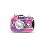 925 Sterling Silver Pink Photo Camera Charm for Bracelets Fine Jewelry Women