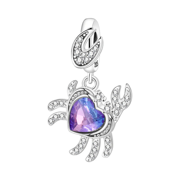 925 Sterling Silver Purple heart Crab Charm for Bracelets Fine Jewelry Women Pendant