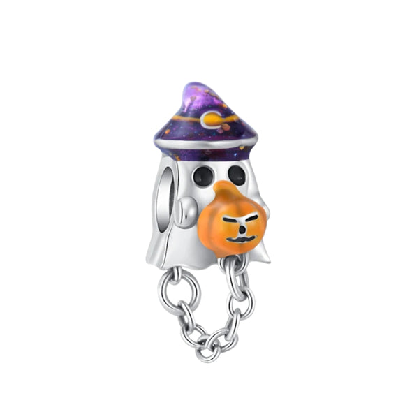 925 Sterling Silver Ghost with Chained Pumpkin Charm