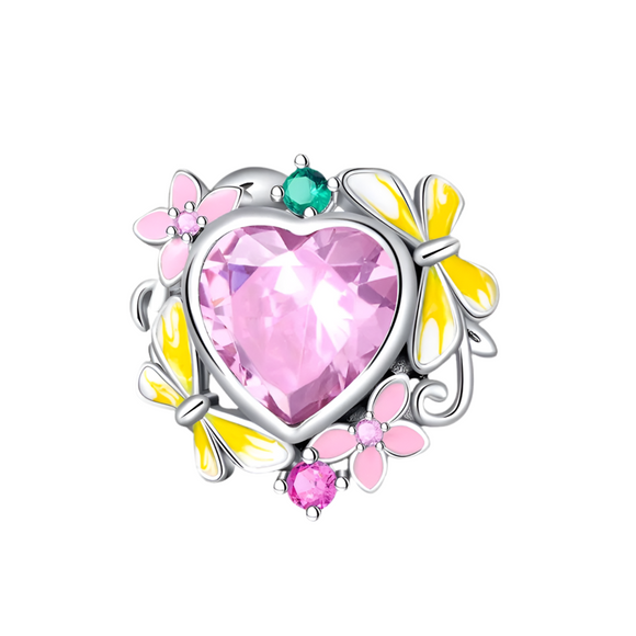 925 Sterling Silver Pink Heart Butterflies Charm for Bracelets Fine Jewelry Women Bead