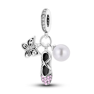 925 Silver Silver Ballet Shoes and Pearl Charm for Bracelets Fine Jewelry Women Pendant