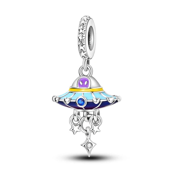 925 Sterling Silver Alien Spaceship Charm for Bracelets Fine Jewelry Women Pendant