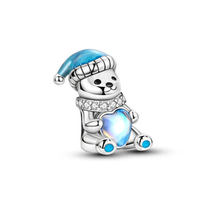 925 Sterling Silver Bear with Blue Heart Charm for Bracelets Fine Jewelry Women
