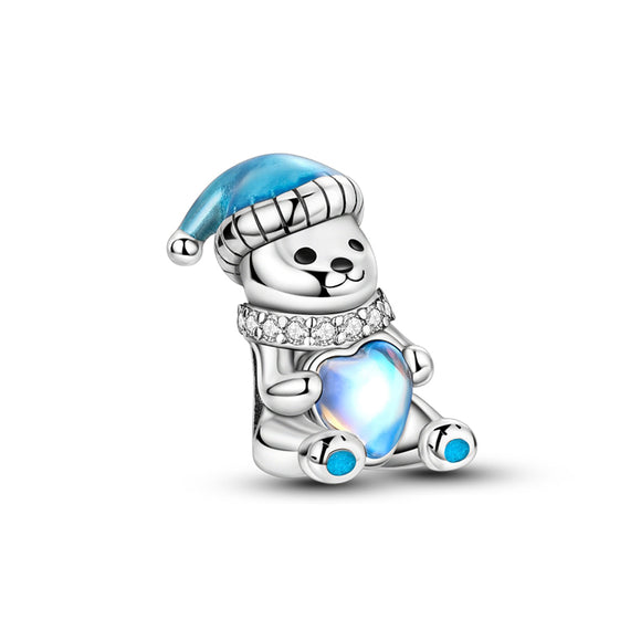 925 Sterling Silver Bear with Blue Heart Charm for Bracelets Fine Jewelry Women