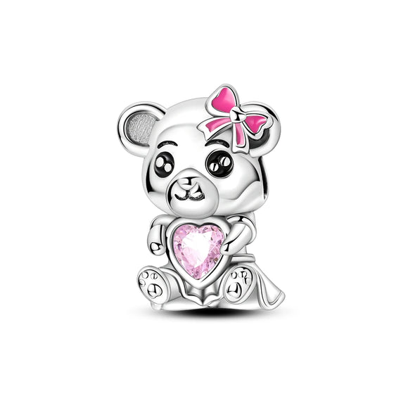 925 Sterling Silver Bear with Pink Heart Charm for Bracelets Fine Jewelry Women