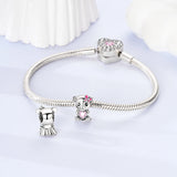 925 Sterling Silver Bear with Pink Heart Charm for Bracelets Fine Jewelry Women