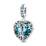 925 Sterling Silver Blue Heart Family Tree Charm for Bracelets Fine Jewelry Women Pendant