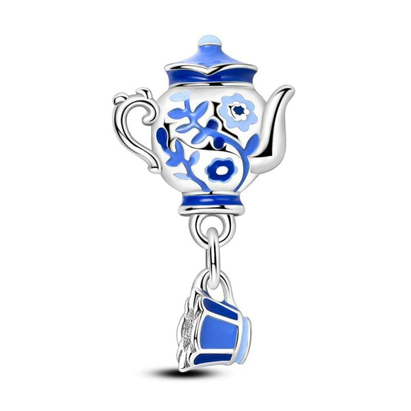 925 Sterling Silver Blue Tea Set Charm for Bracelets Fine Jewelry Women