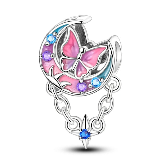 925 Sterling Silver Butterfly and Moon Charm for Bracelets Fine Jewelry Women