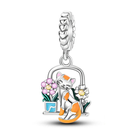925 Sterling Silver Cat with Flowers Charm for Bracelets Fine Jewellery Women Pendant