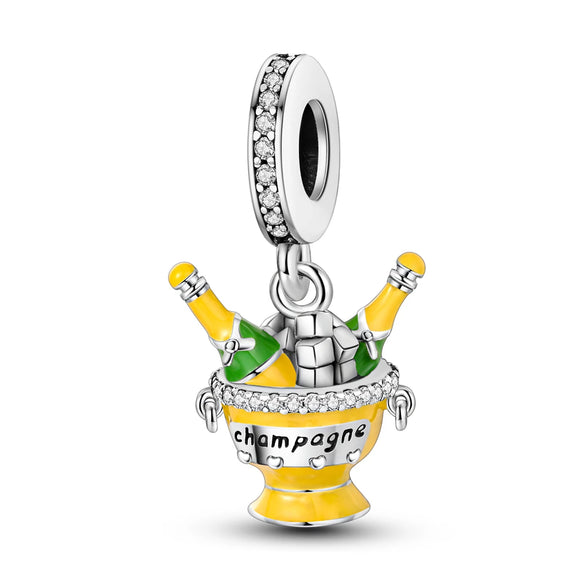 925 Sterling Silver Champagne on Ice Charm for Bracelets Fine Jewelry Women Pendant