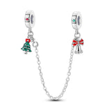 925 Sterling Silver Christmas Tree and Bell Safety Chain Charm for Bracelets Fine Jewelry Women
