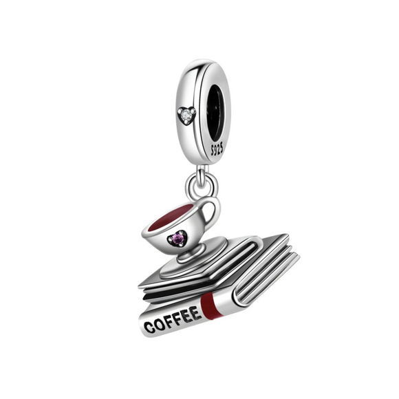 925 Sterling Silver Coffee and Books Charm for Bracelets Fine Jewelry Women Pendant