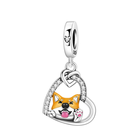 925 Sterling Silver Corgi Heart Charm for Bracelets Fine Jewelry women Pendant