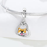925 Sterling Silver Corgi Heart Charm for Bracelets Fine Jewelry women Pendant