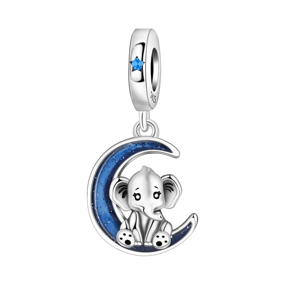 925 Sterling Silver Elephant on the Moon Charm for Bracelets Fine Jewelry Women Pendant