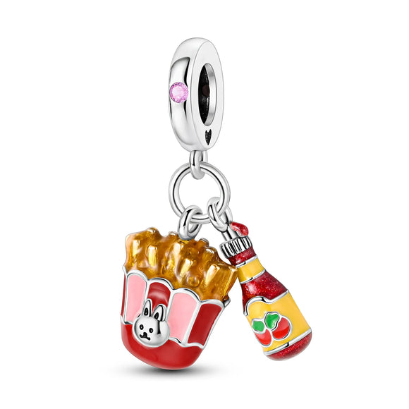 925 Sterling Silver Fries and Ketchup Charm for Bracelets Fine Jewelry Women Pendant