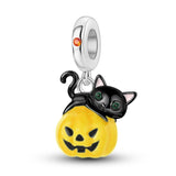 925 Sterling Silver Halloween Pumpkin and Cat Charm for Bracelets Fine Jewelry Women Pendant