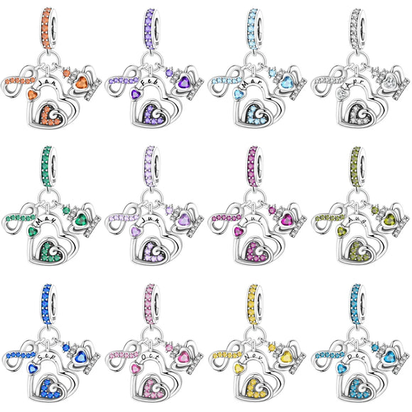 925 Sterling Silver Heart Birthstone Charm for Bracelets Fine Jewelry Women Pendant