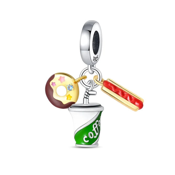 925 Sterling Silver Hotdog Coffee and Donut Charm for Bracelets Fine Jewelry Women Pendant