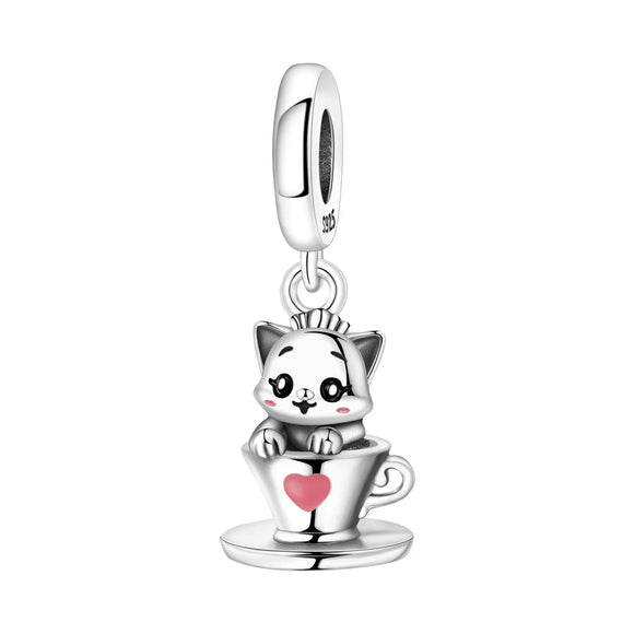 925 Sterling Silver Kitten Playing in a Cup Charm for Bracelets Fine Jewelry Women Pendant