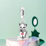 925 Sterling Silver Kitten Playing in a Cup Charm for Braceñets Fine Jewelry Women Pendant