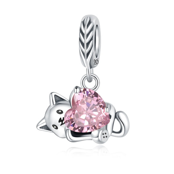 925 Sterling Silver Kitten Playing  with Heart Charm for Bracelets Fine Jewelry Women Pendant