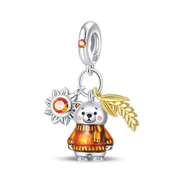 925 Sterling Silver Little Autumn Bear Charm for Bracelets Fine Jewelry Women Pendant
