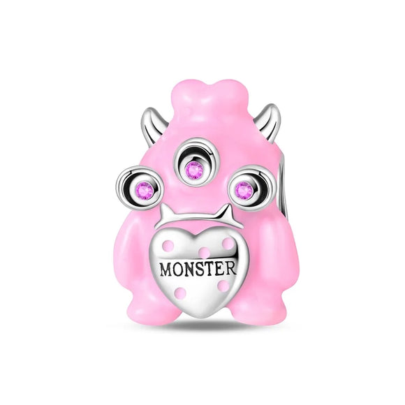925 Sterling Silver Little Pink Monster Charm for Bracelets Fine Jewelry Women Pendant
