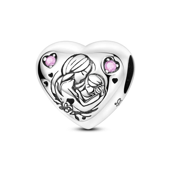 925 Sterling Silver Mom and Daughter Heart Charm for Bracelets Fine Jewelry Women