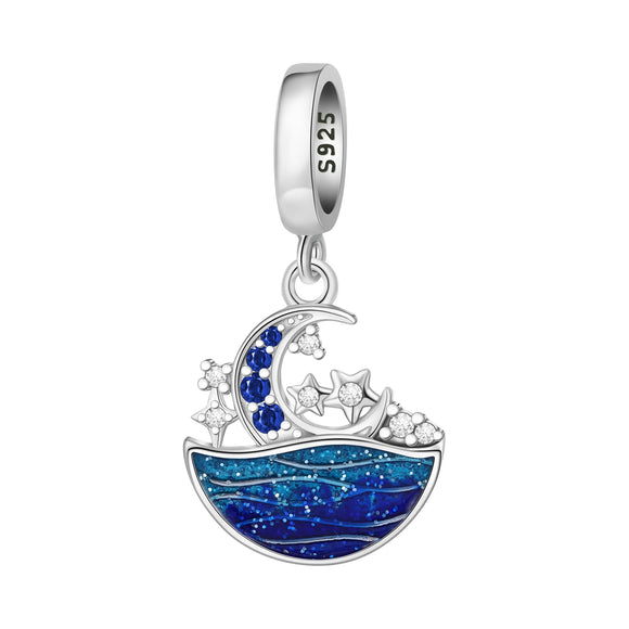 925 Sterling Silver Moon and Ocean Charm for Bracelets Fine Jewelry Women Pendant