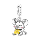 925 Sterling Silver Mouse Nibbling on Cheese Charm for Bracelets Fine Jewelry Women Pendant