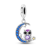925 Sterling Silver Owl on the Moon Charm for Bracelets Fine Jewelry Women Pendant