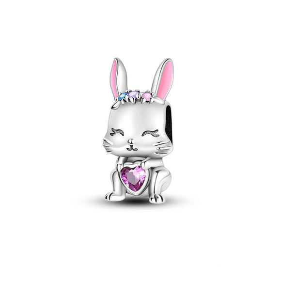 925 Sterling Silver Pink Rabbit Charm for Bracelets Fine Jewelry Women