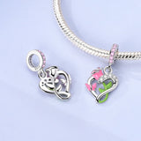 925 Sterling Silver Pink Rose Heart Charm for Bracelets Fine Jewelry Women Pendant