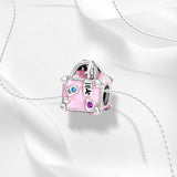 925 Sterling Silver Pink Suitcase Charm for Bracelets Fine Jewelry Women
