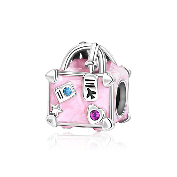 925 Sterling Silver Pink Suitcase Charm for Bracelets Fine Jewelry 