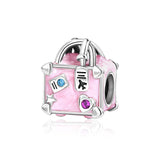 925 Sterling Silver Pink Suitcase Charm for Bracelets Fine Jewelry 