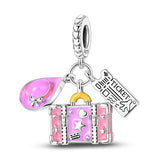 925 Sterling Silver Pink Suitcase and Hat Charm for Bracelets Fine Jewelry Women Pendant