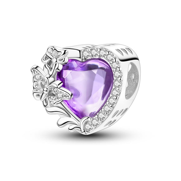 925 Sterling Silver Purple Heart Butterflies Charm for Bracelets Fine Jewelry Women