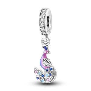 925 Sterling Silver Purple Peacock Charm for Bracelets Fine Jewelry Women Pendant