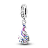 925 Sterling Silver Purple Peacock Charm for Bracelets Fine Jewelry Women Pendant